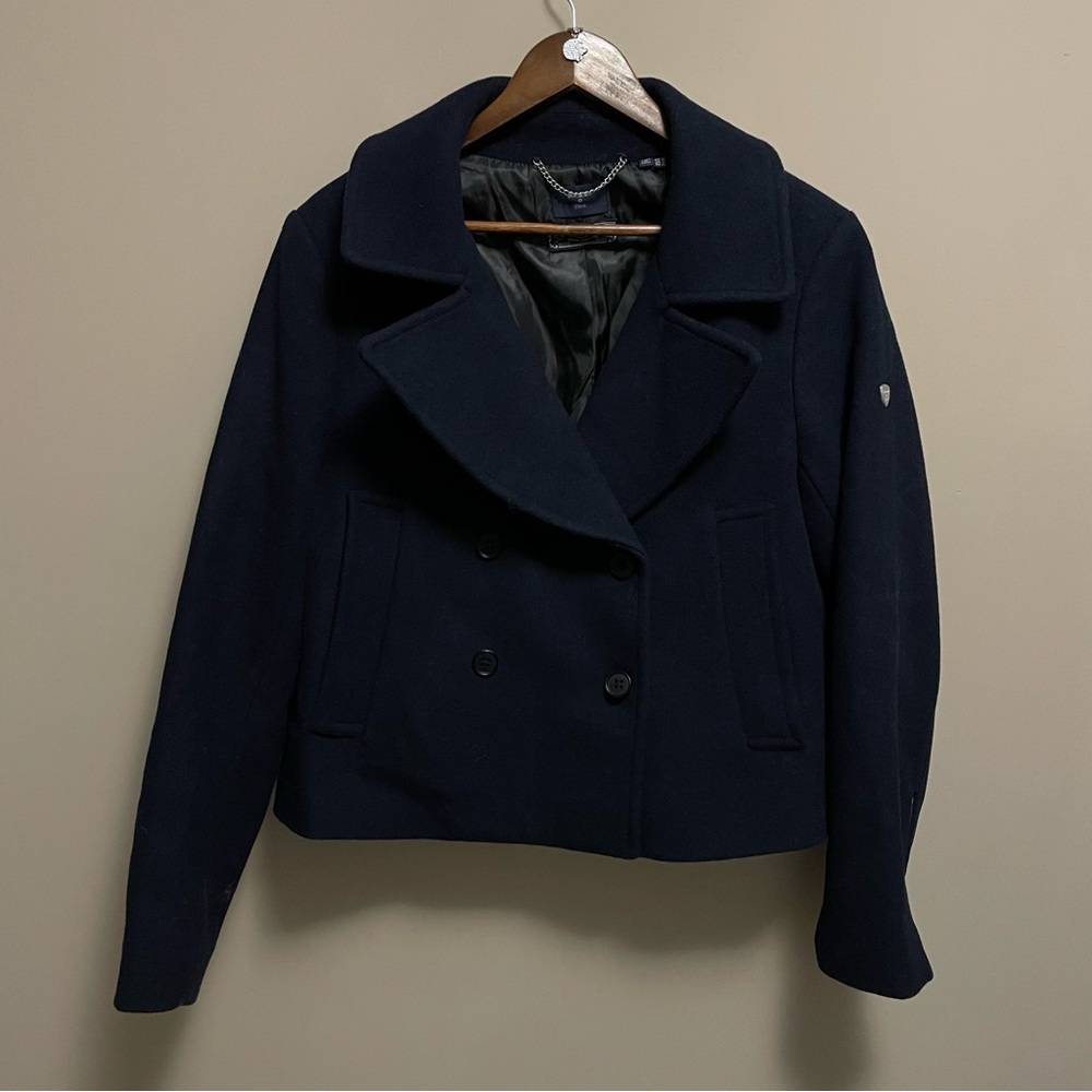 Superdry Navy Blue Wool Blend Double Breasted Slight Crop Pea Coat Women’s 12